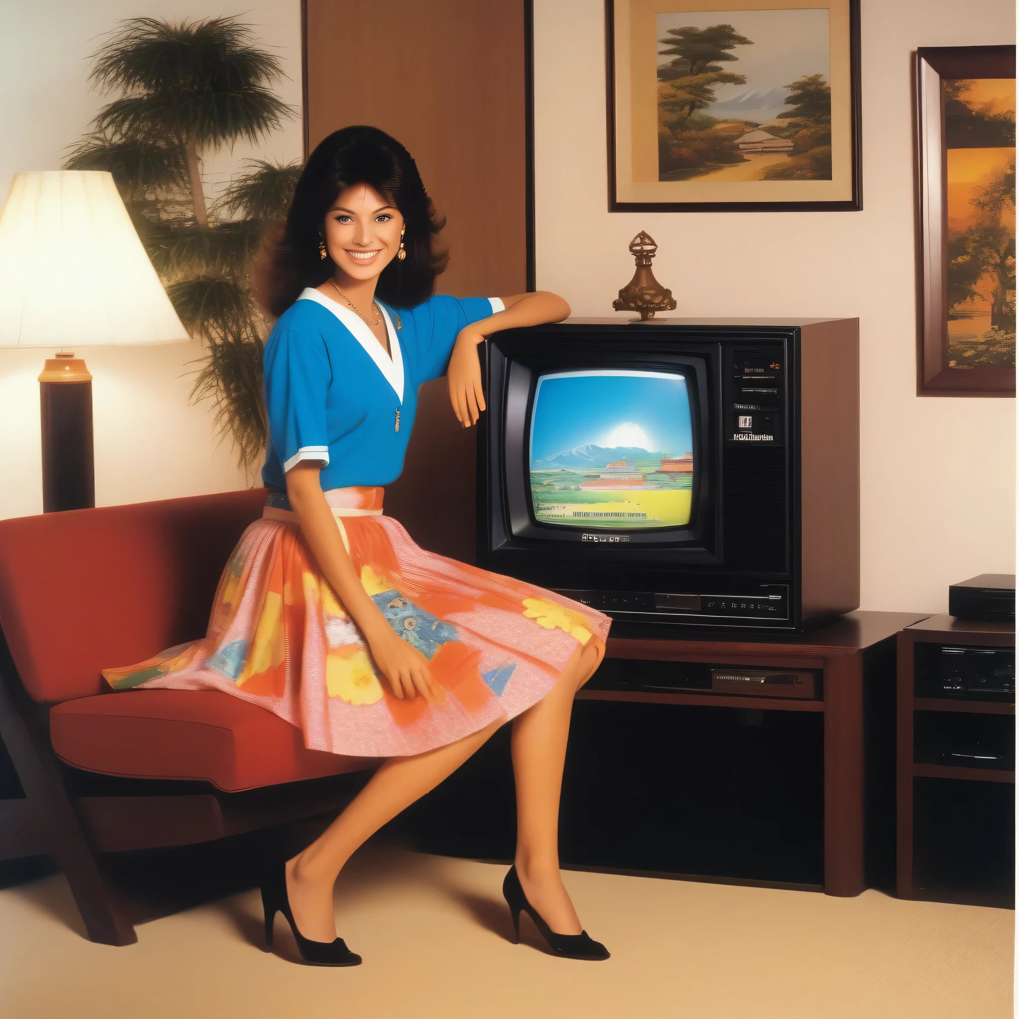 Picture an advertisement set in the 1980s in Japan. The scene is bright and colorful, reflecting the vibrant culture of that time. At the center, a young and cheerful woman with wavy hair and vibrant 80s fashion, like a poofy skirt and high heels. The woman is smiling widely, looking at the camera as if she's inviting the viewer to join in the excitement of this new technology. Retro Japanese characters appear at the top, advertising. The backdrop is a living room setting, with a CRT TV showcasing the clear video quality of the VCR, 