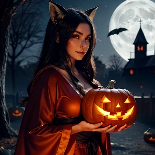 Halloween girl with a pumpkin in her hands is very sexy , beautiful in a robe in a fox mask against the background of a silver moon and a ghost medieval European fantasy art 3d style