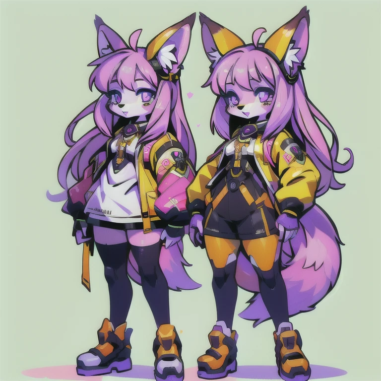  anime-style image of  (((Two girls with fox ears and purple eyes ))) And pink and yellow hair with an open mouth,  conceptual art  by Kamagurka, pixiv, hairy art,  full body commission for ,  feminine furry mini fluffy style , cute art style, em alta no artstation pixiv, moon themed outfit, symmetry!!  conceptual art , jazza e rossdraws,  high quality anime art style . white background.