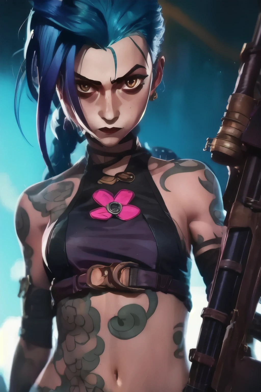 Jinx, Half body shot . Best quality, holding gun, tattoo:0.35, detailed, intricate, 4K.