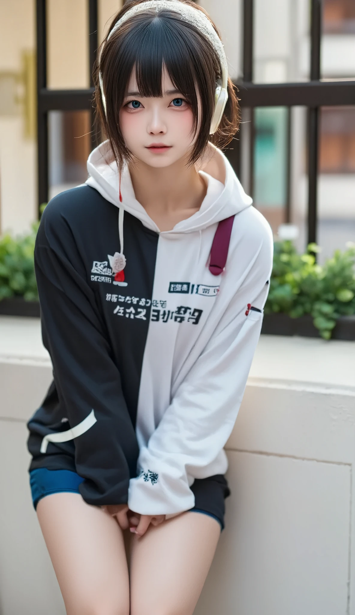 sonyの headphonesを着用している:1.5、 headphones、 one girl playing pranks、Magical Girl、 COMPLETE ANATOMY、 small face、Fuller lips、Brown Hair、Distinctive hairstyle、A look of doubt、It's Kyun's finger、Modern hoodie、 knee socks、(((Blurred Background、Street Corner、day々View of)))、 inverted nipples 、 high definition、 high definition、  cinematic lighting 、Professional Photographer