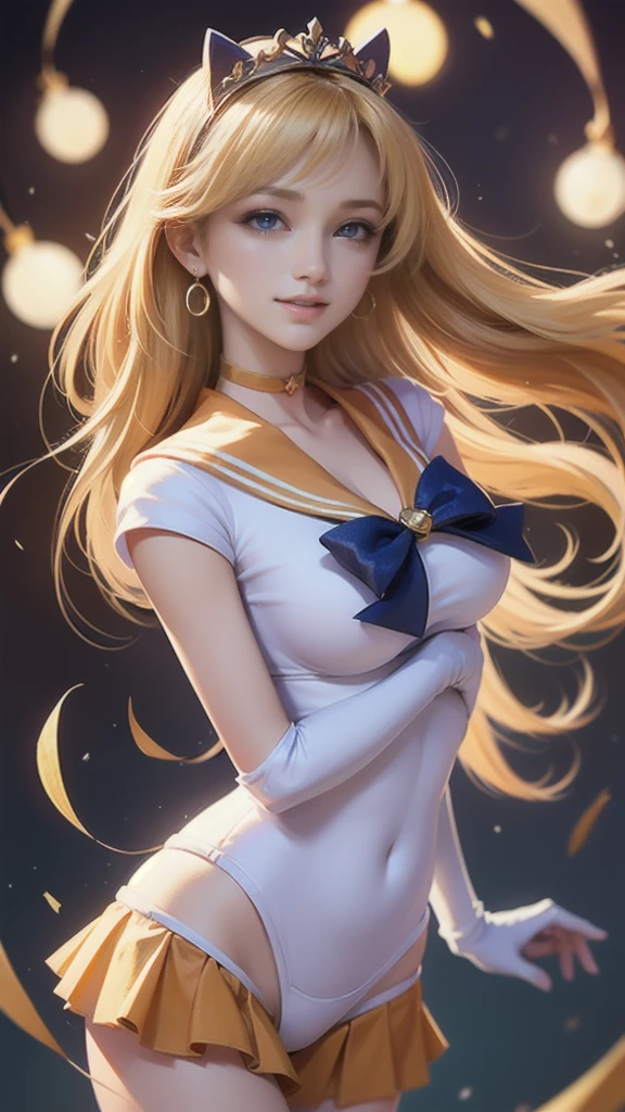 (masterpiece), (Best Quality), (Super detailed),(Illustration), ( 1 girl), watching viewers , (Interview), Beautiful eyes with great attention to detail, A kind beautiful face, floating,(High saturation),(The Shining), cleavage、 (between breasts), , Venus 1,  Sailor Warrior Uniform ,  Sailor Venus , Minako Aino,  blond hair , Magical Girl,  blue eyes ,  White Panties , Orange Skirt,   elbow gloves ,  tiara ,  pleated skirt,   Hair Ribbon ,  orange sailor color,  miniskirt in length,  choker,  red ribbon, Orange  choker, White gloves,   very long hair ,  JEWELRY,  earrings with cups, smile, long shot 、 depicting the whole body 