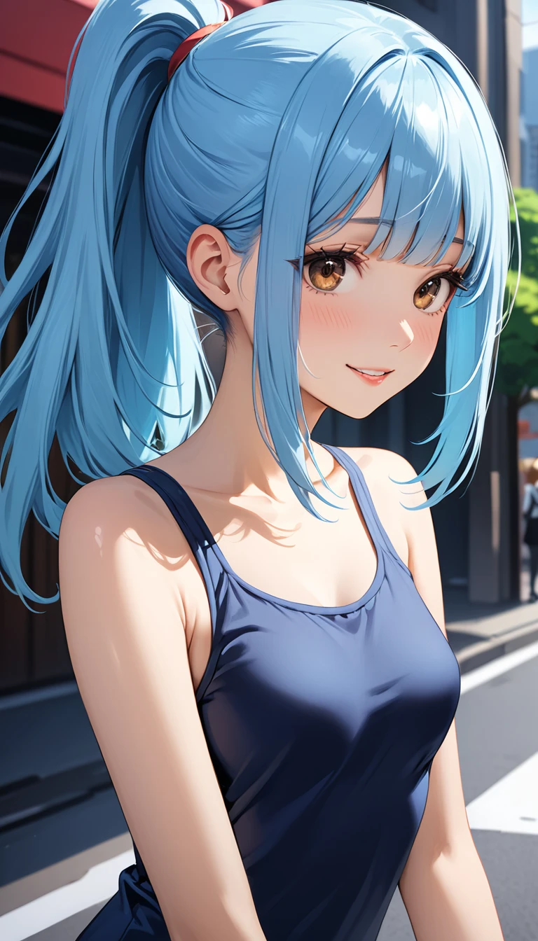 ((masterpiece,Best Quality:1.3,best quality illustrations)),portrait,cowboy shot,1woman,adult,(ponytail),straight long hair,light_blue hair,(very small head:1.2),bangs,gorgeous eyes,brown eyes,,smile,blush,(very long body),small breasts,(dark blue Tank mini dress,white_thighhighs),slender body,toned body,shiny skin,on street,neon、Shinjuku、Tokyo、