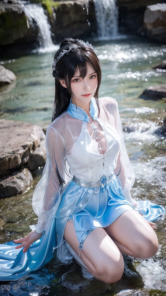 Cartoon woman, closeup portrait:1.4,Water splashes at the knees，CG Social Trends, Smooth anime CG art,Royal sister kneeling posture，Wet all over，Water Magic，Wet.,(Silver long hair),(Blue Eyes),star shape pupils,sharp eyes,Gauze on body
