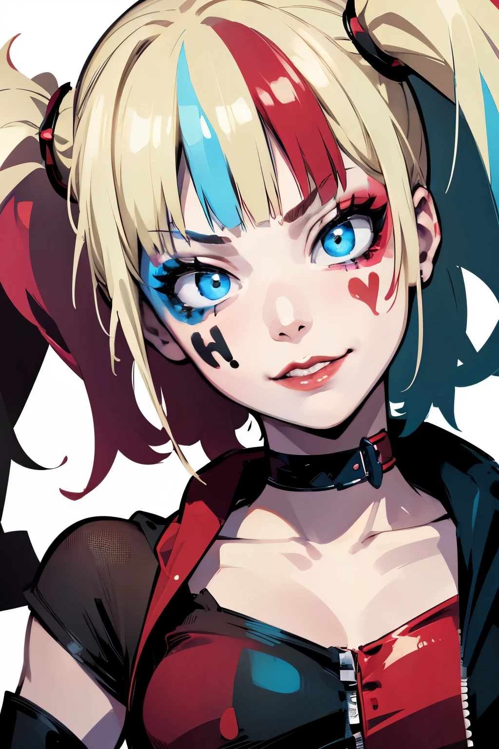 Harley Quinn a crazy girl from DC Comic ,  she is looking at the camera with a sinister look.