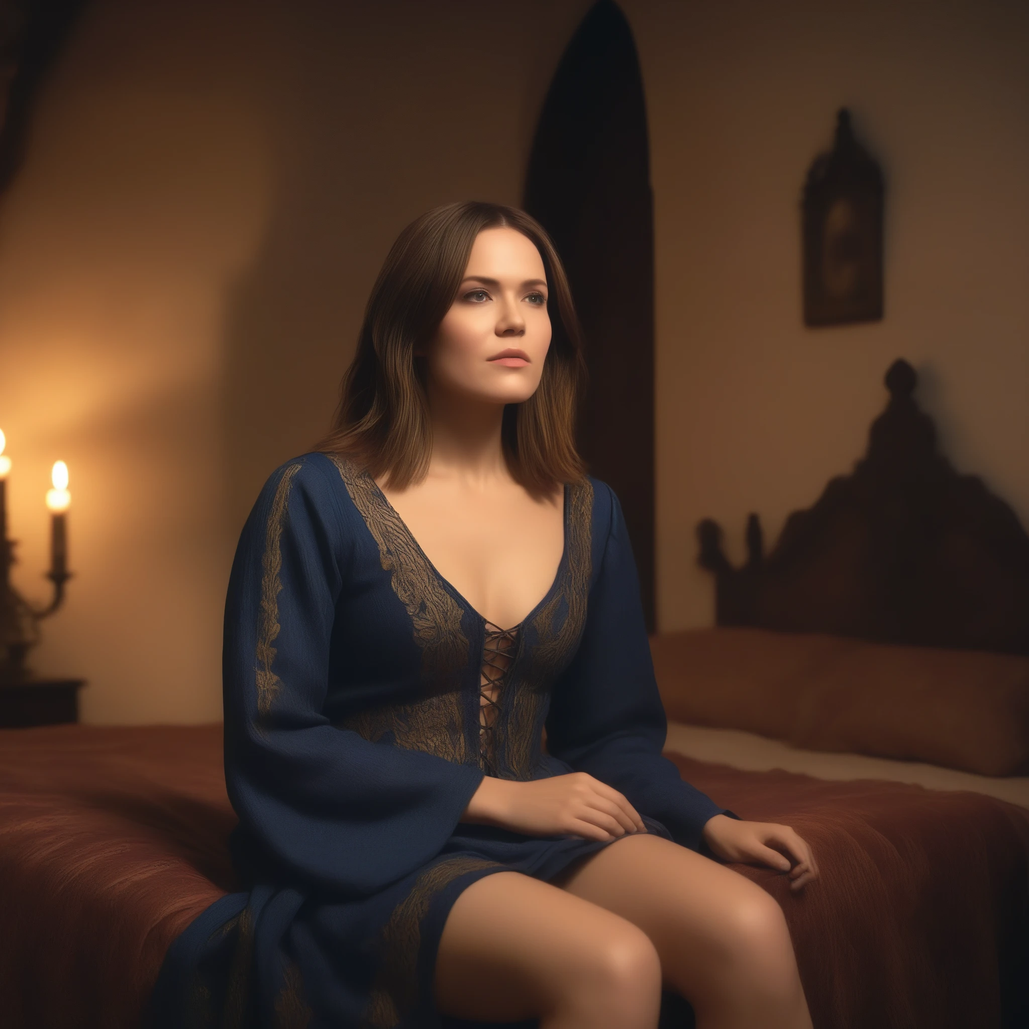 best quality, highres, 8k, masterpiece, photography, detailed midbody photorealistic portrait of Mandy Moore as Leliana from Dragon Age, seated on the edge of a grand four-poster bed within a castle bedroom, softly lit by flickering candles. Her auburn bob is styled loosely, framing her face. She wears delicate blue lace lingerie with intricate embroidery that hints at religious symbols, subtly echoing her Chantry background. The room is adorned with tapestries and old tomes, with a lute leaning against the bedpost, adding touches of Leliana's character to the serene, intimate setting. 40 years old, (real skin texture: 1.3), (slender figure: 1.1), six-pack abs, (Immersive Ambience, Chiaroscuro: 1.5, Dim Light: 1.2, Glow Lighting), (Bokeh: 1.5), Blurred, high contrast, (Fuji colours: 1.5), film grain