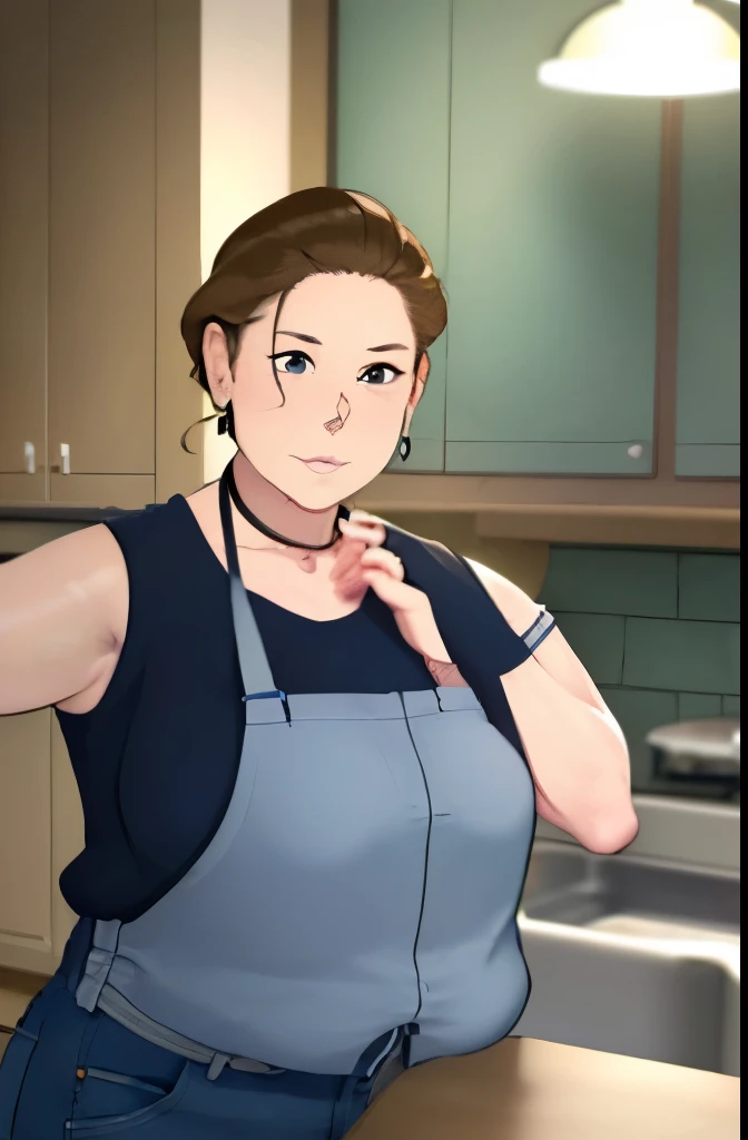 Create an image of a woman,54 years old, long straight brown hair tied in a low ponytail,Green eyes, full lips,she is in the kitchen during the day, she has a mole under her right eye,Fat body, fat belly,She wears a pink apron, a green shirt, and blue jeans.,