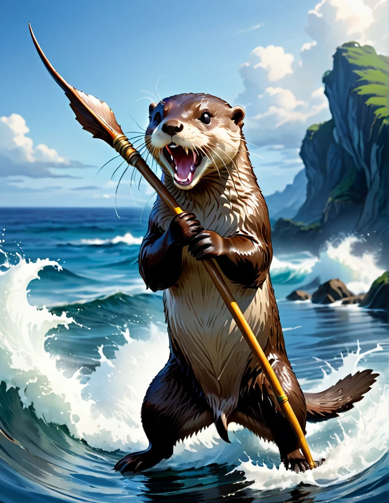 Otter，Biting a spear，  holding a spear  ，raging ocean，小船の上にOtterがいる，nice，dynamic