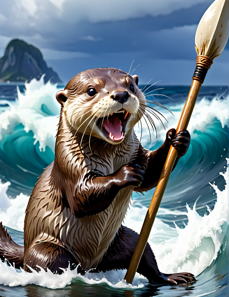 Otter，Biting a spear，  holding a spear  ，raging ocean，小船の上にOtterがいる，nice，dynamic