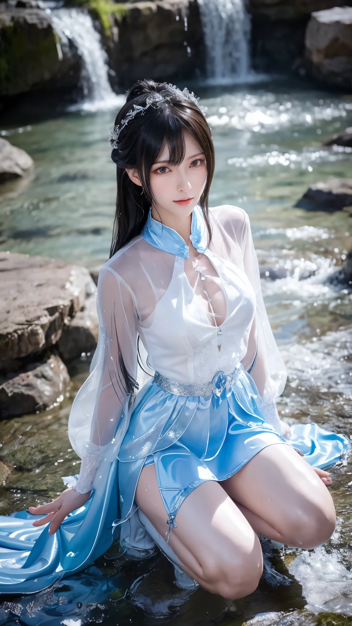 Cartoon woman, closeup portrait:1.4,Water splashes at the knees，CG Social Trends, Smooth anime CG art,Royal sister kneeling posture，Wet all over，Water Magic，Wet.,(Silver long hair),(Blue Eyes),star shape pupils,sharp eyes,Gauze on body
