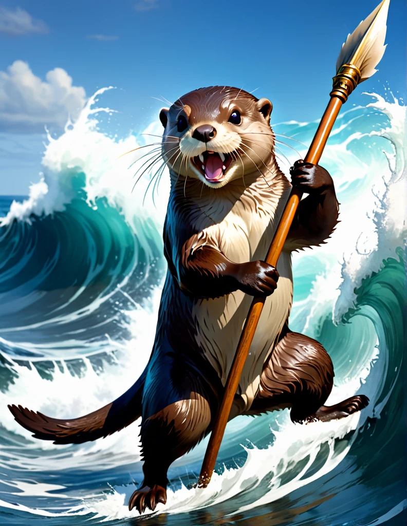 Otter， holding a spear ，  holding a spear   ，raging ocean，小船の上にOtterがいる，Amazing dynamism，Been fighting for days，