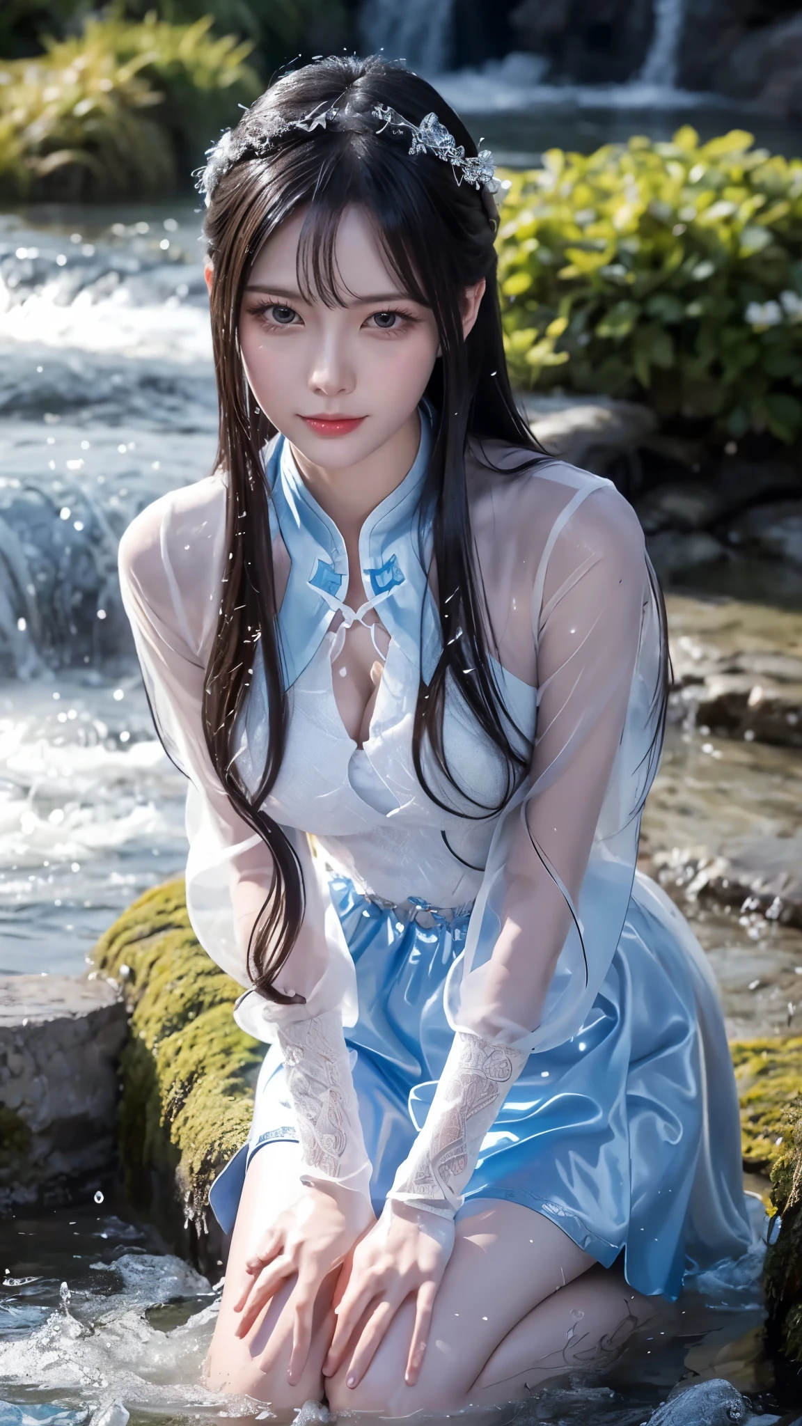 Cartoon woman, closeup portrait:1.4,Water splashes at the knees，CG Social Trends, Smooth anime CG art,Royal sister kneeling posture，Wet all over，Water Magic，Wet.,(Silver long hair),(Blue Eyes),star shape pupils,sharp eyes,Gauze on body
