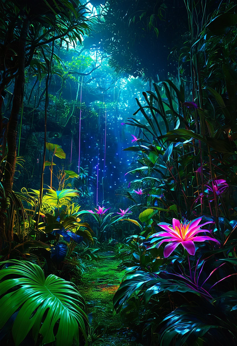 色とりどりのオーラと胞子を持つmagicの花, In the Jungle. magical. magic. neon. Realist. 