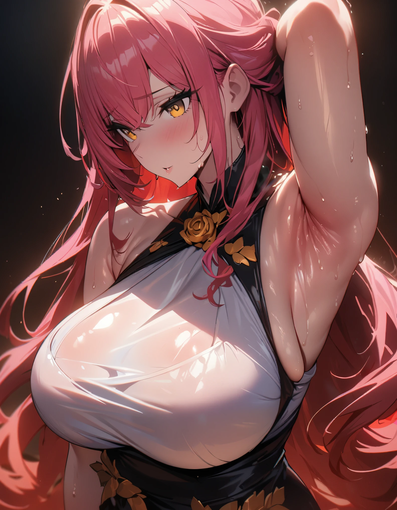 1girl,super huge breasts, pink hair, golden eyes,staring coldly,long hair, body curves, (best quality,4k,highres,masterpiece:1.2),ultra-detailed, dramatic lighting,vibrant colors,cinematic, Himeko outfit, sweaty armpits, bright skin, shiny golden eyes, golden eyes