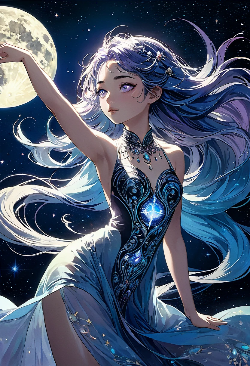 * Lunar Tattoos: Luna's body is adorned with intricate, glowing tattoos that resemble phases of the moon and celestial bodies. These tattoos change color and intensity depending on her emotional state. * Lunar Hair: Her hair is a shimmering, iridescent hue that shifts between shades of blue, purple, and silver. It can also glow in the dark. * Otherworldly Eyes: Luna's eyes are a deep, inky black that seem to absorb light. They can sometimes glow with a faint, ethereal light. Body: Luna has a slender, athletic build with long, lean limbs. Her skin is a pale, almost translucent shade that seems to glow slightly in the dark. Her movements are fluid and graceful, like a dancer. Attire:nude pose: is standing on the top rope, her body arched backward. She is looking up at the ceiling, her eyes filled with a sense of wonder and awe. Her arms are outstretched, her fingers brushing the canvas. The crowd below is silent, captivated by her ethereal beauty and daring athleticism. ((​masterpiece、top-quality、ultra-definition、hight resolution))、4K picture quality