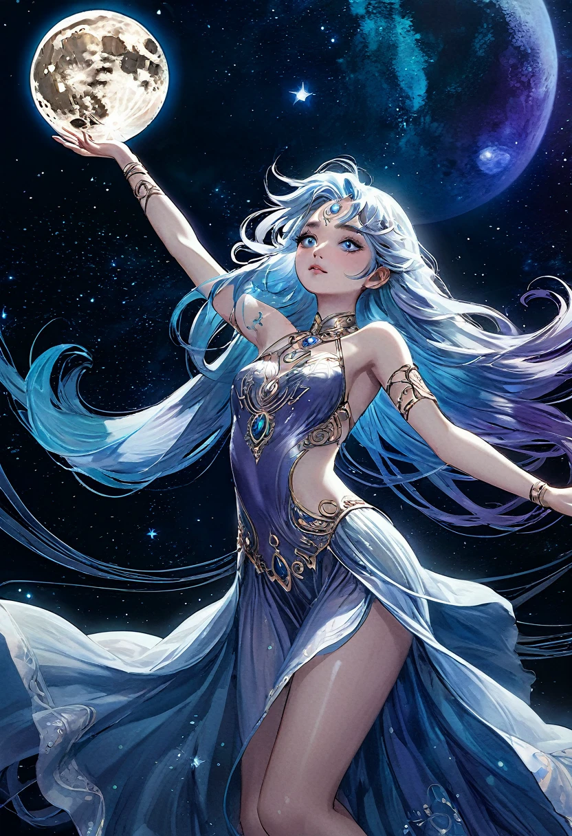 * Lunar Tattoos: Luna's body is adorned with intricate, glowing tattoos that resemble phases of the moon and celestial bodies. These tattoos change color and intensity depending on her emotional state. * Lunar Hair: Her hair is a shimmering, iridescent hue that shifts between shades of blue, purple, and silver. It can also glow in the dark. * Otherworldly Eyes: Luna's eyes are a deep, inky black that seem to absorb light. They can sometimes glow with a faint, ethereal light. Body: Luna has a slender, athletic build with long, lean limbs. Her skin is a pale, almost translucent shade that seems to glow slightly in the dark. Her movements are fluid and graceful, like a dancer. Attire:nude pose: is standing on the top rope, her body arched backward. She is looking up at the ceiling, her eyes filled with a sense of wonder and awe. Her arms are outstretched, her fingers brushing the canvas. The crowd below is silent, captivated by her ethereal beauty and daring athleticism. ((​masterpiece、top-quality、ultra-definition、hight resolution))、4K picture quality