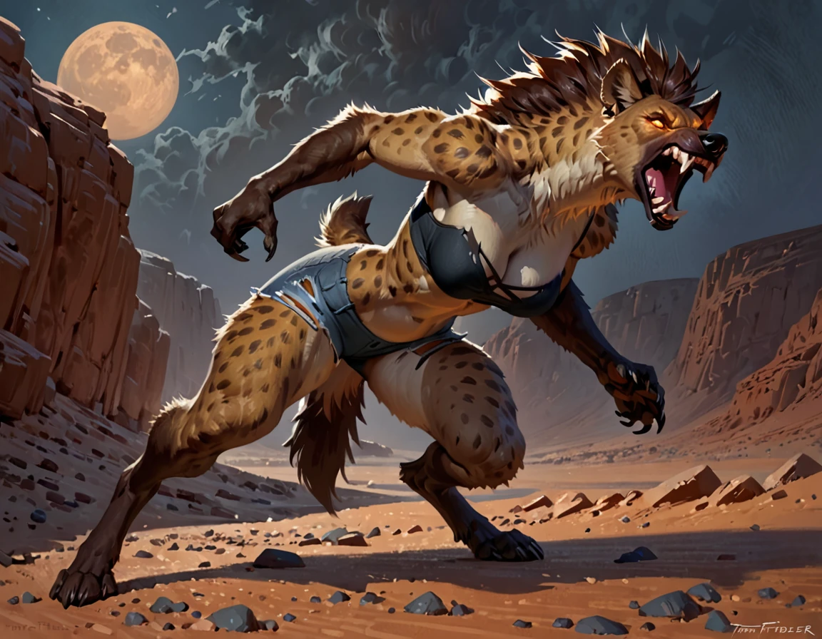 Anthro female hyena, werebeast, by taran fiddler, torn shorts, growling, night rocky desert, glowing eyes, 