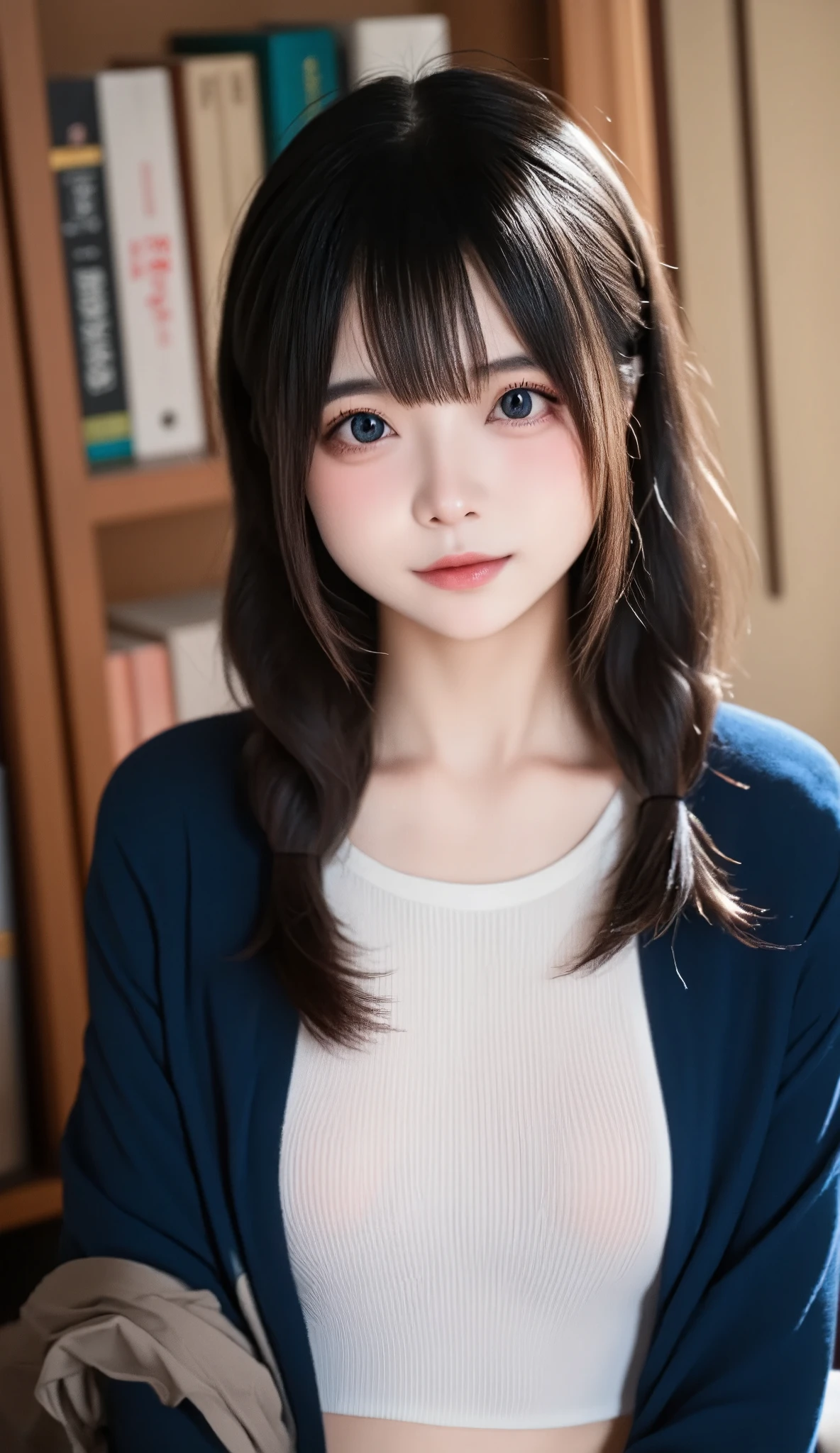 1 girl、A beautiful girl with braided black hair is looking at me.、 Laugh a Little 、 idol class cuteness 、、 lift skirt 、 panties、slender、 smaller, Shapely breasts、 Healthy Thighs、 navy blue blazer 、White high-necked underwear、Navy Blue Mini Skirt 、 White Panties 、At the library、Knee-length、 cowboy shot、Anatomically correct、Accurate Fingers、 Accurate Lynnbuster Piece 、Accurately drawn faces、Photo Reality、