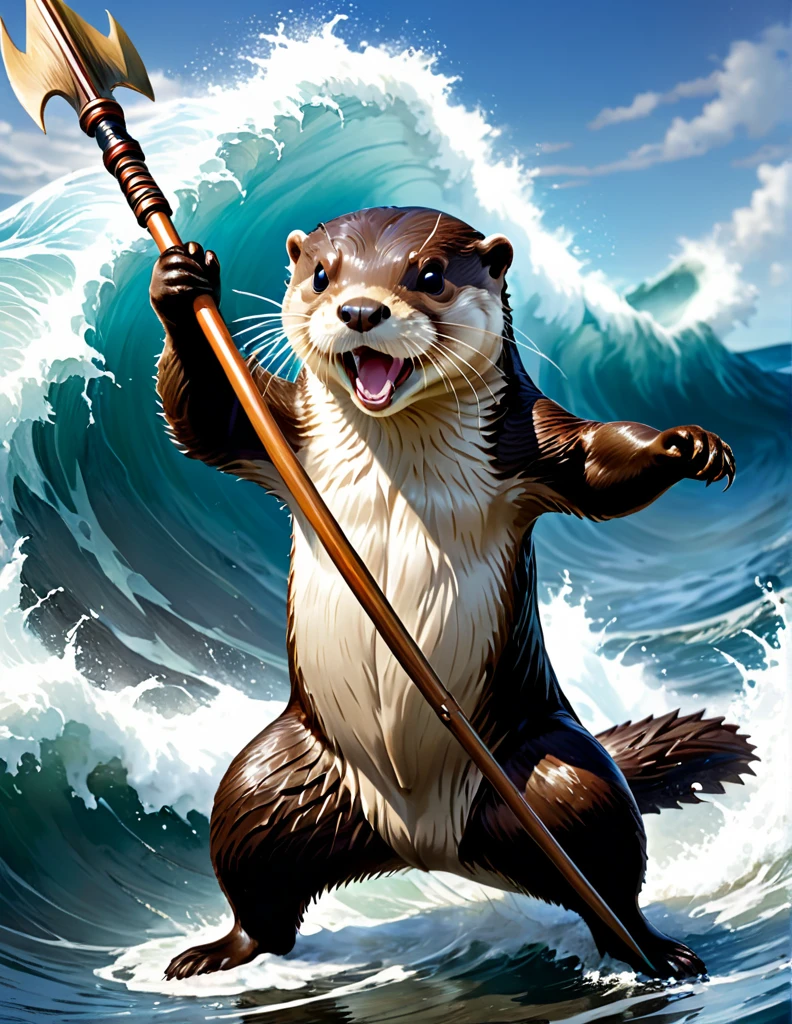 Otter，  holding a spear ， holding a spear    ，raging ocean，小船の上にOtterがいる， Amazing Dynamism ，day々Fighting，