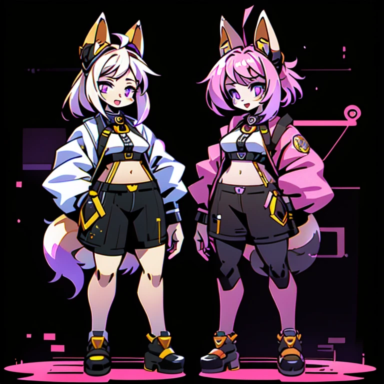  anime-style image of  (((Two girls with fox ears and purple eyes ))) And pink and yellow hair with an open mouth,  conceptual art  by Kamagurka, pixiv, hairy art,  full body commission for ,  feminine furry mini fluffy style , cute art style, em alta no artstation pixiv, moon themed outfit, symmetry!!  conceptual art , jazza e rossdraws,  high quality anime art style . white background.