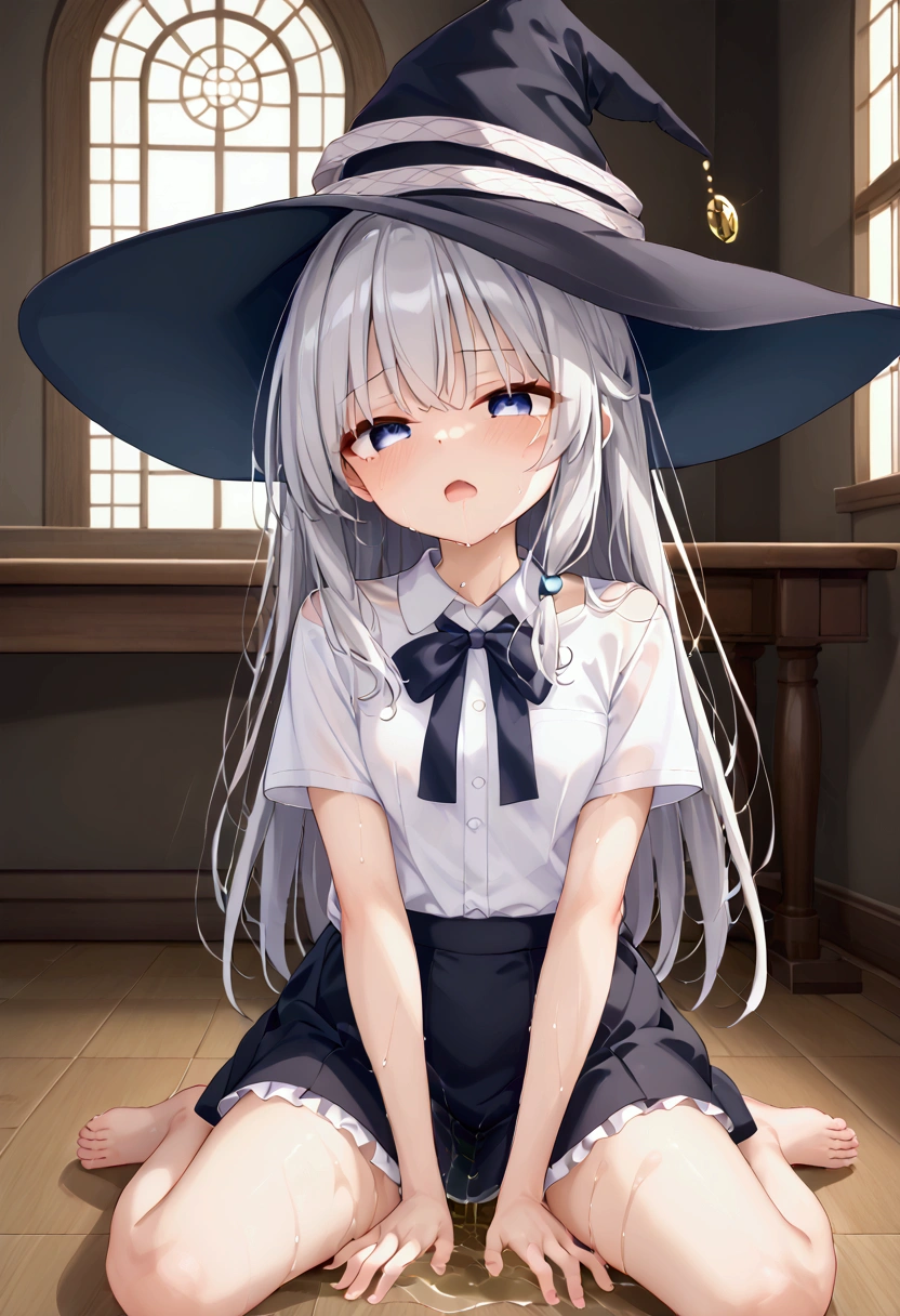 High image quality 、masterpiece、  high quality、Full HD、4K、church、Put your hands on your stomach、  sit on a chair、Eye highlights removed 、Darkening in eyes 、Silver Hair、 blue eyes 、naked、 white shirt 、 witch hat 、 black skirt、 show me wet white panties、 and close your thighs、Small breasts、Peeing、Pee、 puddle、A patient face、trembling、despair、Screaming、Frightened、Crying face、tears