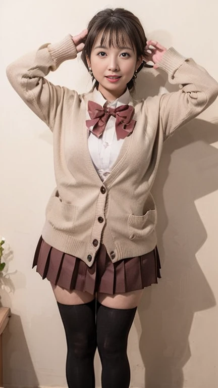  Japanese mature, white skin,52 years old,( big chest, plump thighs:1.5),(red bowtie,brown cardigan,red skirt,pleated skirt,micro miniskirt,black thighhighs, earrings, High Heels :1.2),( standing , take a picture of the whole body from toe to head,full body,standing:1.2),Plain, light-colored background,looking at viewer,smile, surrealism, from below, Sony FE, 8k, arms up