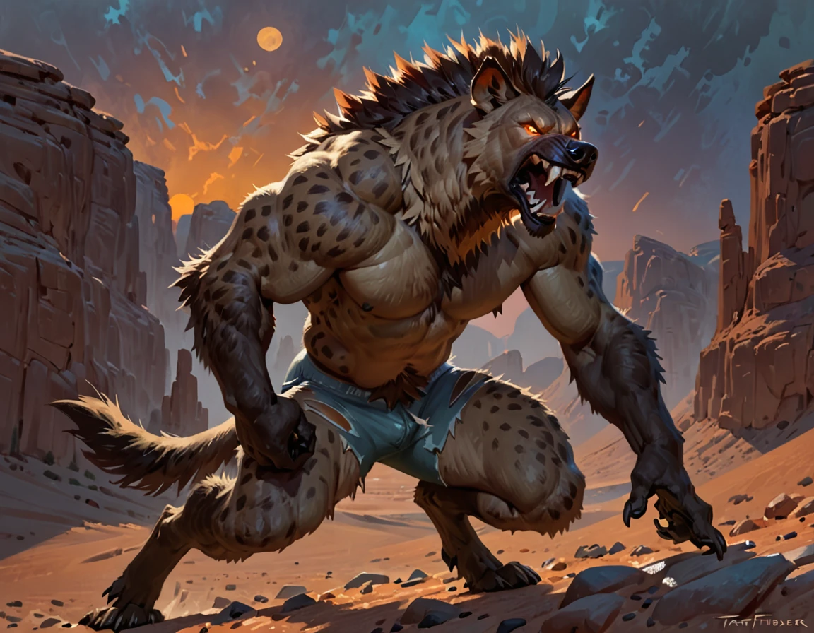 Anthro male hyena, werebeast, by taran fiddler, torn shorts, growling, night rocky desert, glowing eyes, 