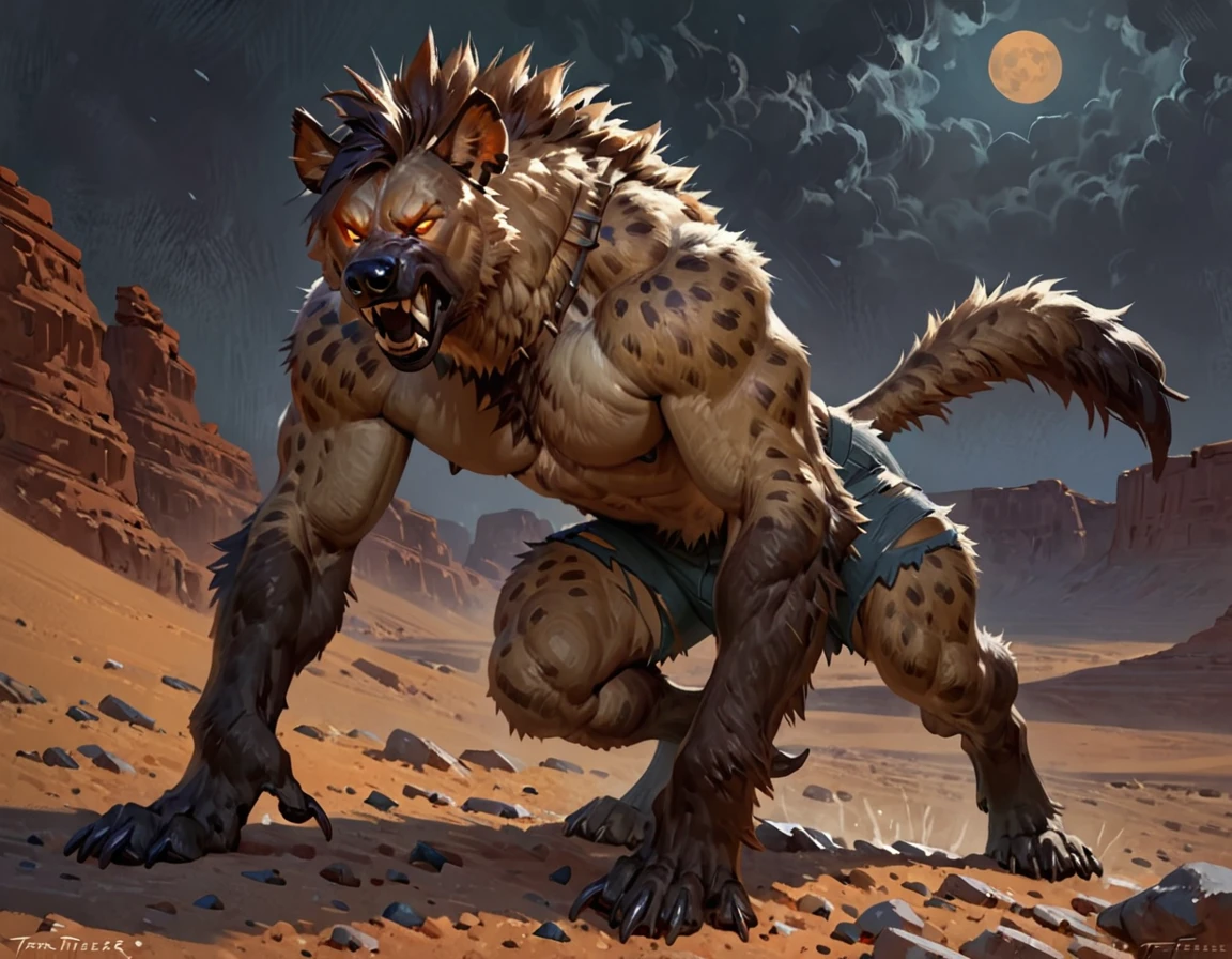 Anthro male hyena, werebeast, by taran fiddler, torn shorts, growling, night rocky desert, glowing eyes, 