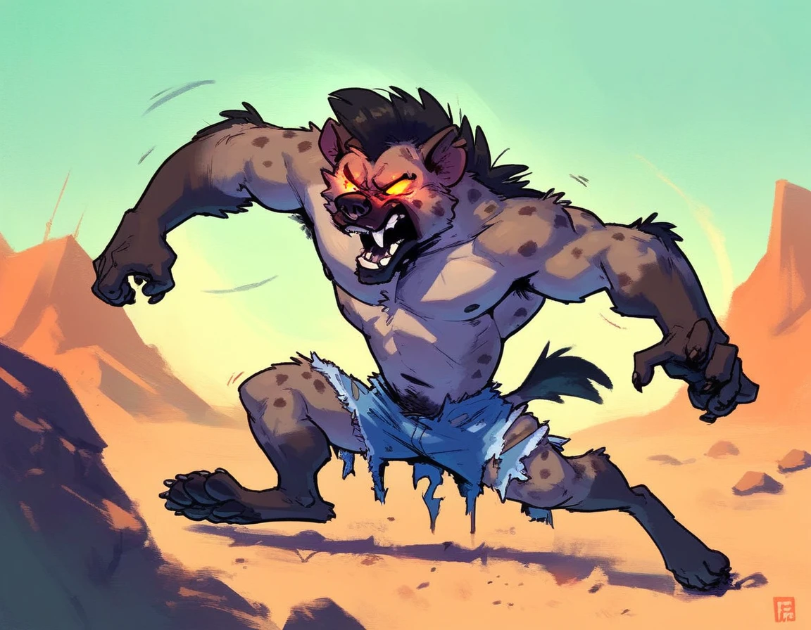 Anthro male hyena, werebeast, by taran fiddler, torn shorts, growling, night rocky desert, glowing eyes, 