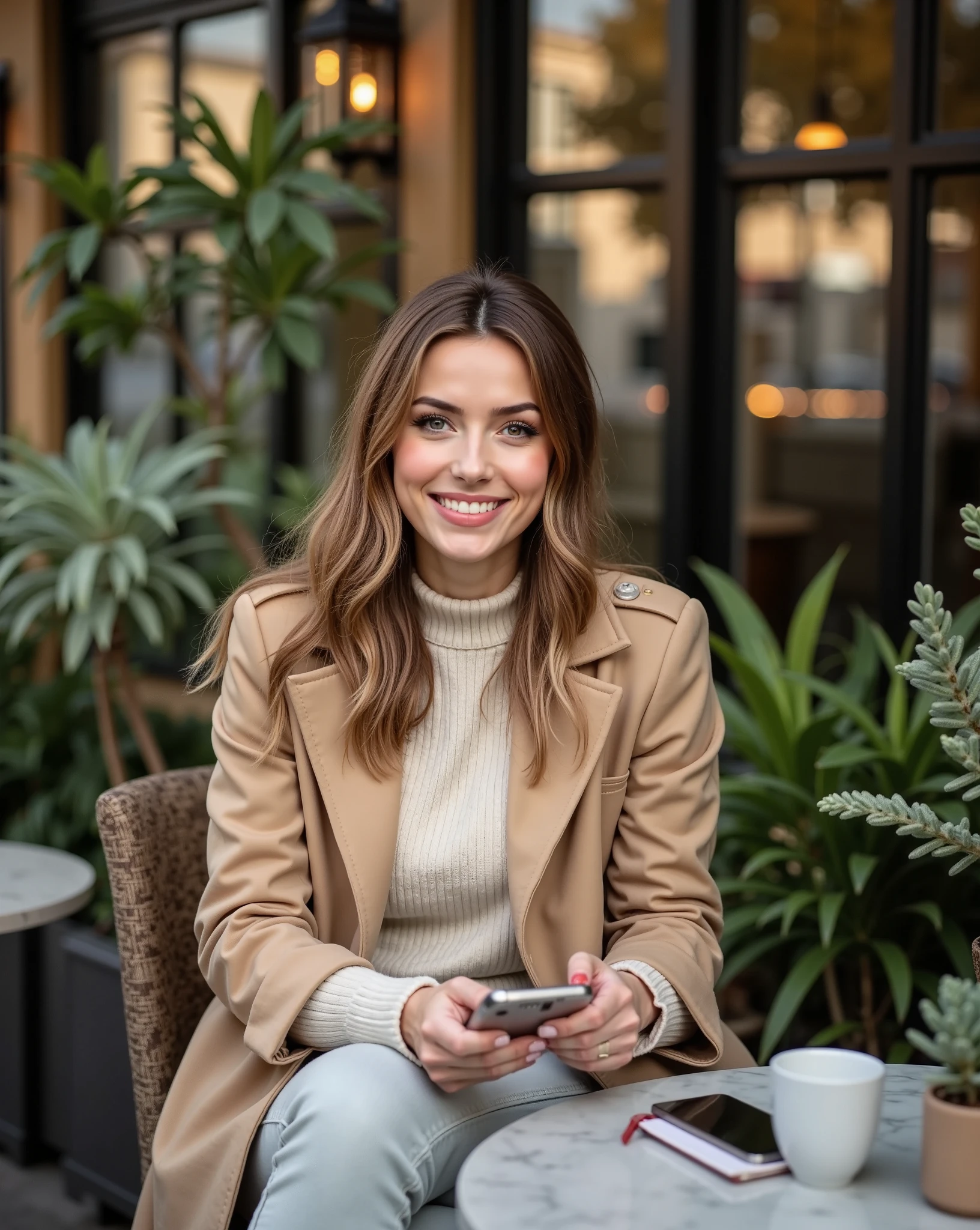 Gaia influencer in her 20s or 30s is sitting outdoors at a stylish city café with lush plants and soft lighting. She’s wearing a long beige coat, an oversized cream-colored sweater, light skinny jeans, and fashionable ankle boots. Her hair is long, wavy, and shiny, and her makeup is natural, with a hint of highlighter and rosy lips that accentuate her fresh, polished look. She’s smiling, holding a coffee cup in one hand, while on the table are her smartphone, a small notebook, and a decorative potted plant. Behind her are large glass windows and hanging plants, creating a warm, cozy atmosphere. The late afternoon sunlight bathes the scene in a soft, golden glow, casting gentle shadows on her skin and giving a sense of calm and relaxation. ((anti:1.5))