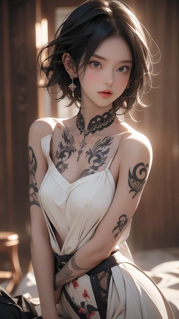 Short wavy hair, beautiful woman, pro lighting, cinematic, (Realistic face details), complicated details, very high details, realistic photos, 8k, super details, UHD, dynamic camera angle, sexy pose, earrings, hips up, lips piercing, tattoo 