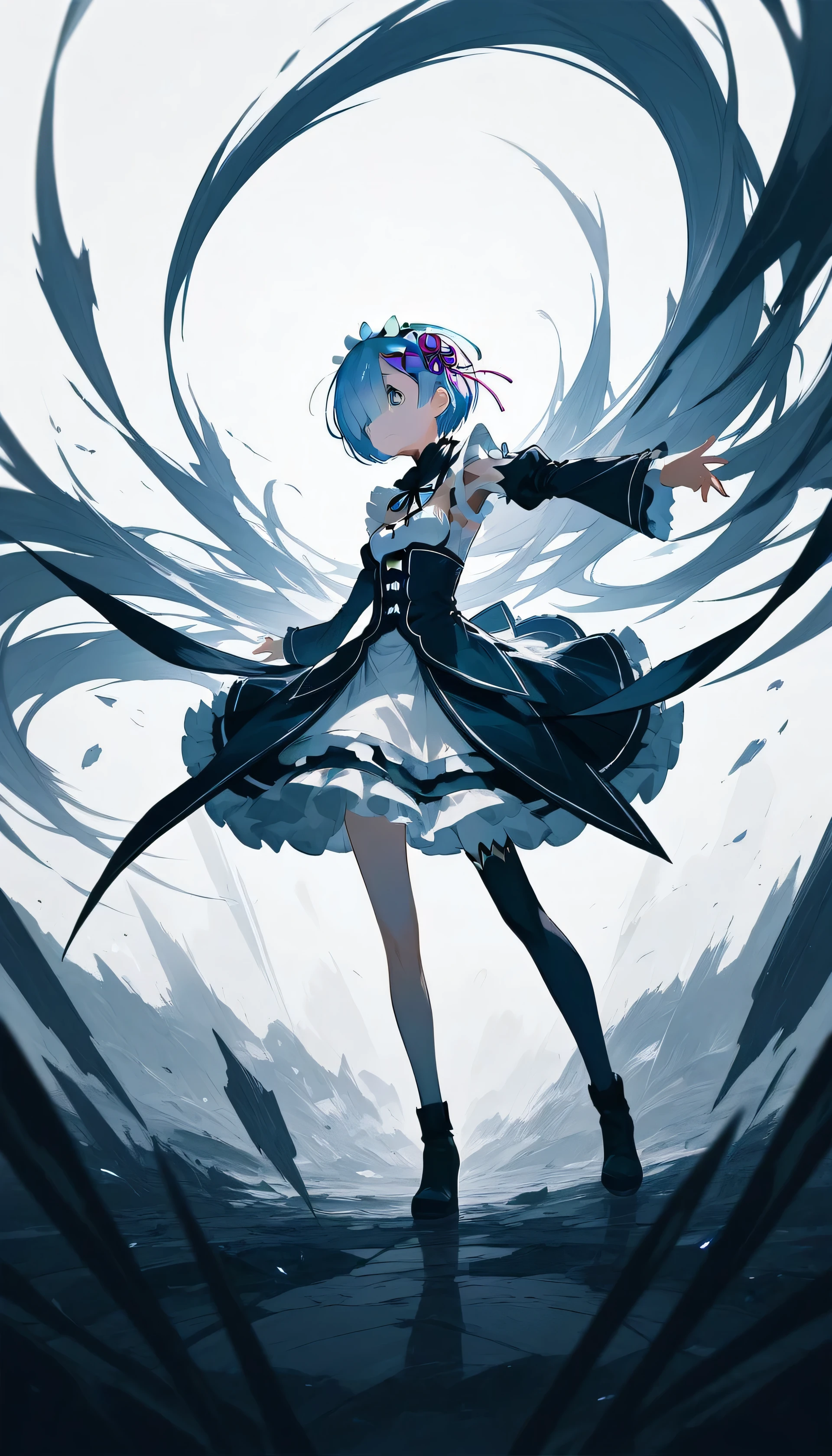 score_9,score_8_up,score_7_up,ncaaoo33,1girl,rem re: zero,dramatic pose,avant-garde fashion,bold colors,strong lines,surreal,androgynous,white background,dramatic lighting,intense expression,anime style,edgy,rebellious, fullbody