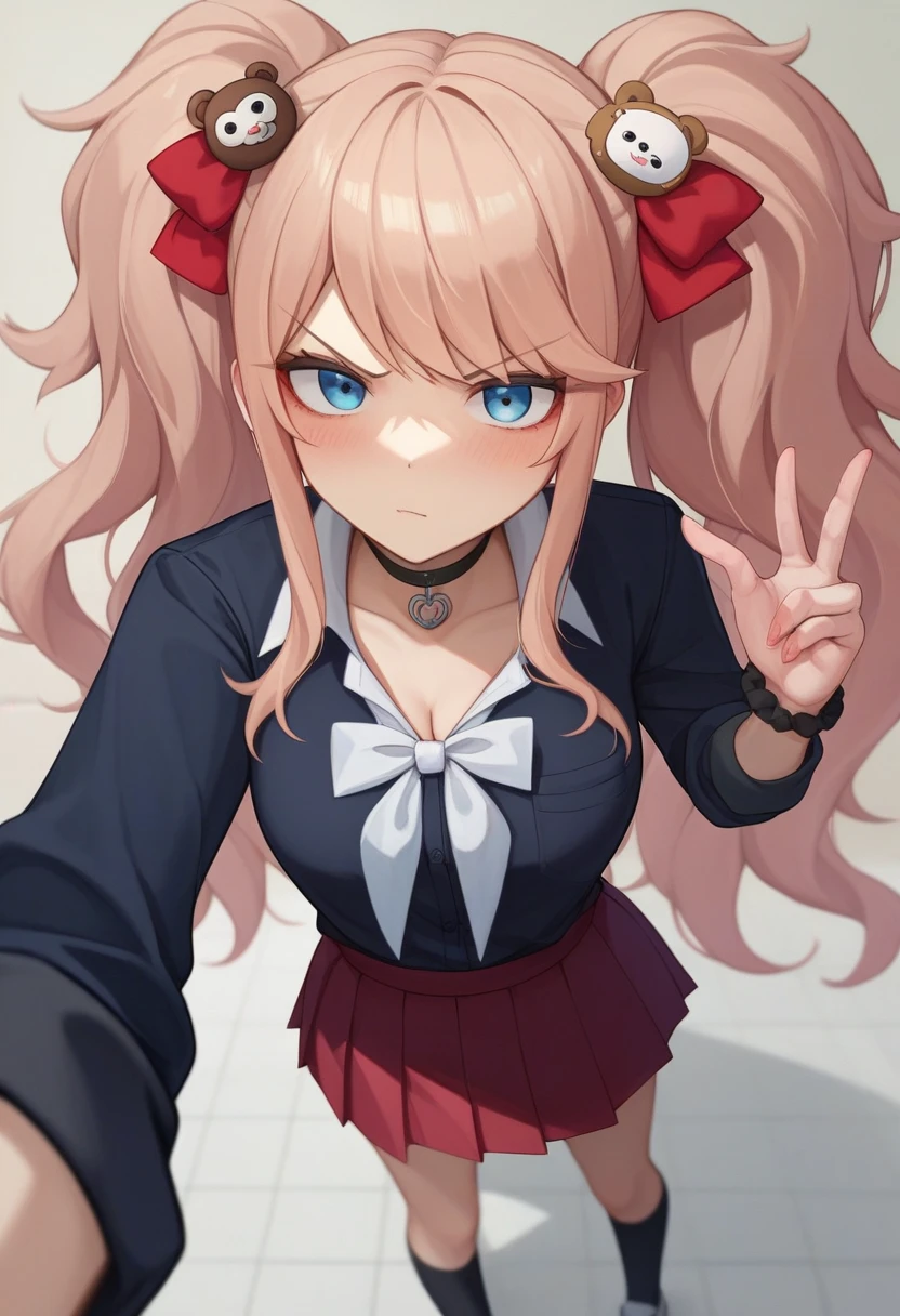 Score 9、Score 8 or higher、Score 7 or above、 anime source 、solo、 one girl、Junko Enoshima、 Selfie　blush　 shy、Standing posture、 crossing arms 、 twin tails、Bear hair accessory、V-shaped eyebrows、 school uniform、 black shirt、 white tie、 red ribbon、Sleeves rolled up、 red skirt 、 choker、clavicle、Chest