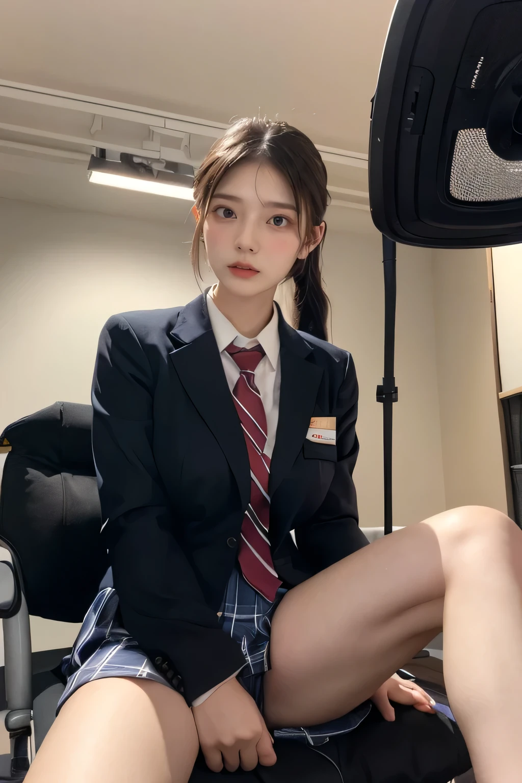 Masterpiece, 8K, High school girl, Photorealistic, (Plump breast:1.2), (sitting in (TV Studio) chair with her legs spread wide:1.3), (( shot from the bottom of the front:1.2)), (From below:1.3), (Pony tail hair:1.2), (School uniform:1.3), staring at viewers, Red face,