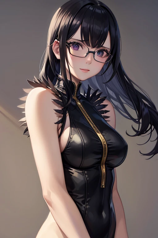 ( Highly Detailed CG Unity 8K Wallpaper、masterpiece、 Best Quality、Super detailed)、( best writing、 best shadow 、  very delicate and beautiful )  mature woman 47 years old  ,1 person、Trained abdominal muscles （1：7）, Very small glasses are thin , length,  sharp purple hanging glasses ， The hairstyle is pretty messy due to short perm hair , her eyes are hanging up and her eyes are severe  ， face is red 、My pubic area is swollen  (1：7), she wears a black bodysuit that fits her whole body  、Both arms are tied、Very naughty beautiful mom hanging from above with a chain