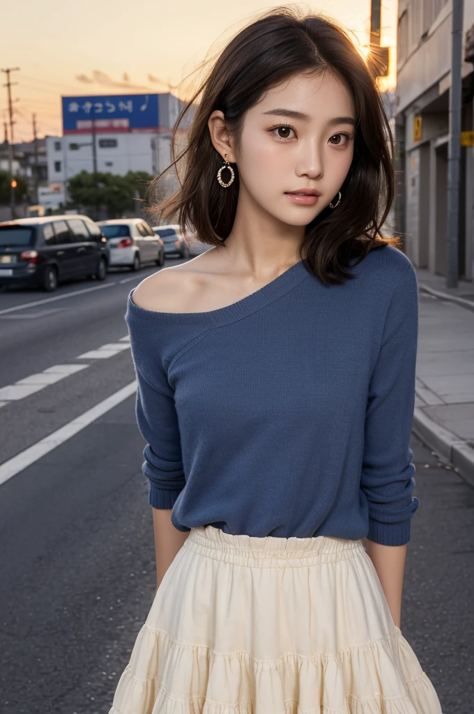 ((masterpiece)), ((photo realistic)), shiny eyes, Fair skin, puffy face, broad jawline,big beady eyes, well-proportioned Japanese girl, 15years old, (no make-up:1.2) , light brown hair, (messy bob hair) , (tearful face, shy smile, troubled face), earrings, urban street, ((Sunset slope)),, (full body shot from below), cotton fabric maxi tiered skirt,knit, Empty-handed, ultra detailed face