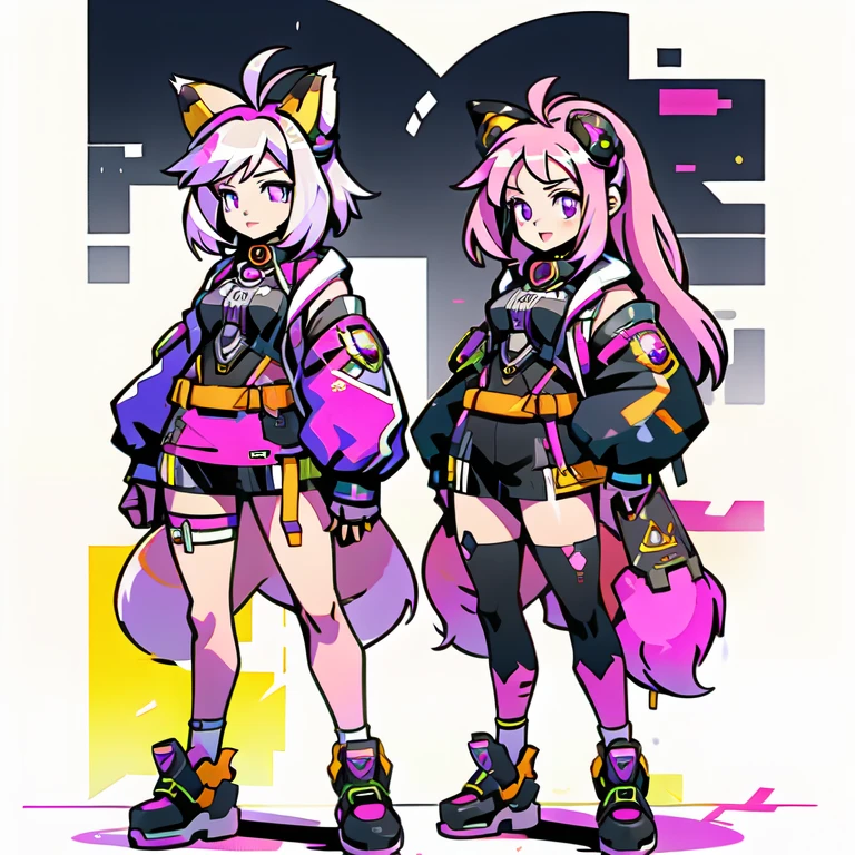  anime-style image of  (((Two girls with fox ears and purple eyes ))) And pink and yellow hair with an open mouth,  conceptual art  by Kamagurka, pixiv, hairy art,  full body commission for ,  feminine furry mini fluffy style , cute art style, em alta no artstation pixiv, moon themed outfit, symmetry!!  conceptual art , jazza e rossdraws,  high quality anime art style . white background.