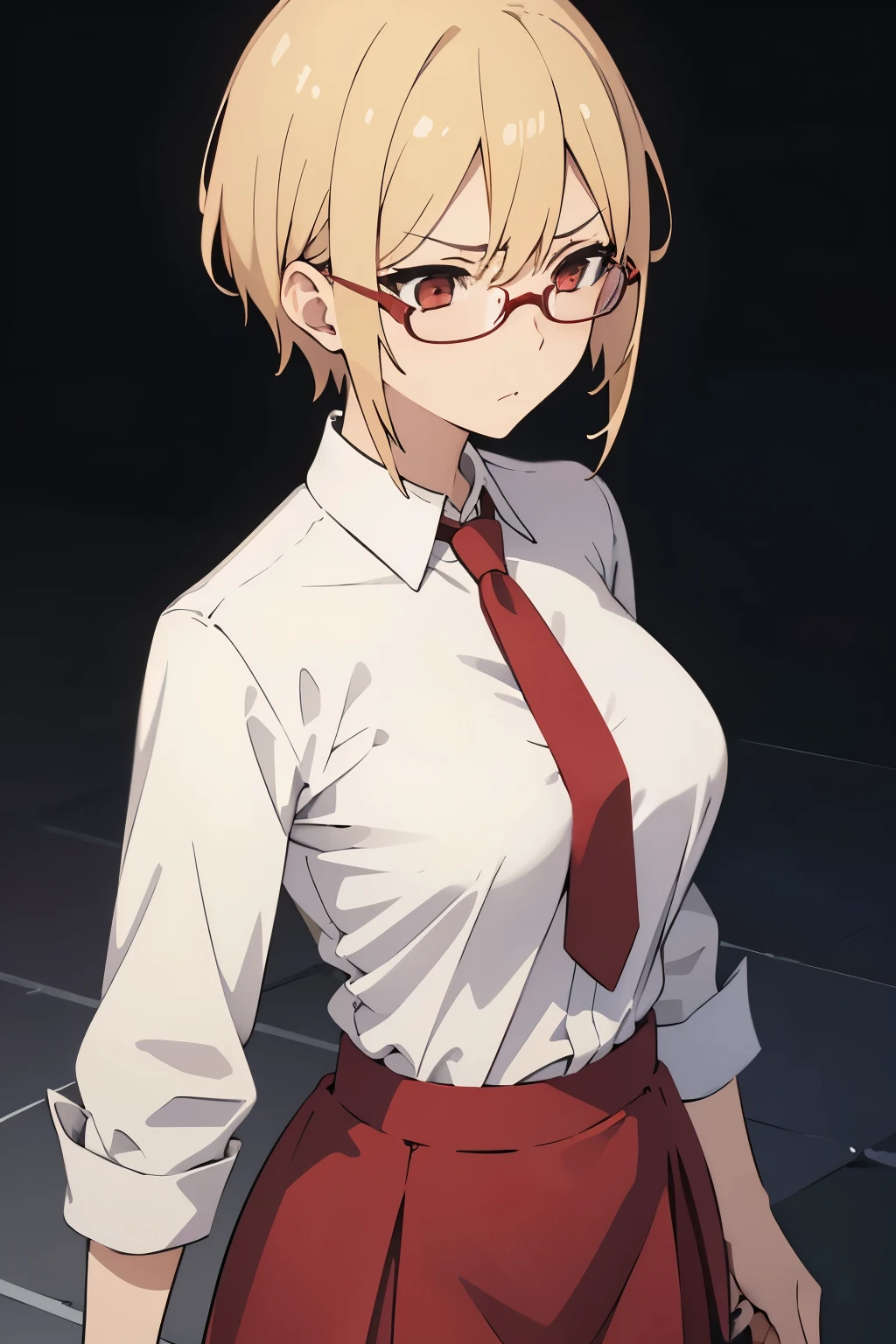 Anime girl blonde short hair red glasses, wearing white shirt, red tie black skirt, illustration, talking to someone, explain, angry, 3/4 view, looking side , hand expression , big breast 