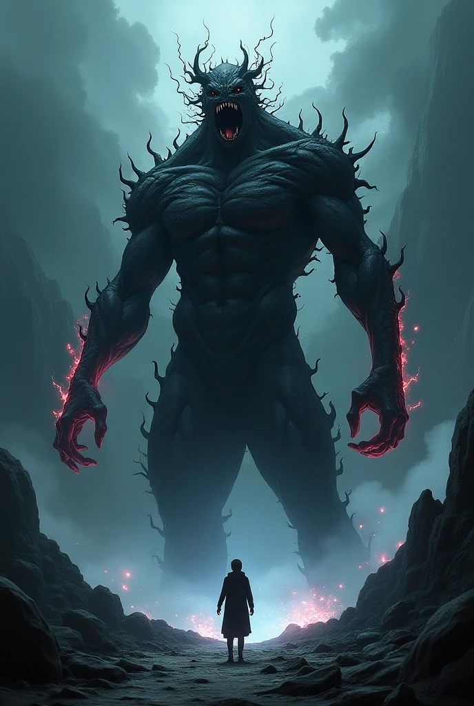 A very detailed painting， Dark world, Depicts a man　have a weapon on a hill gazing at a giant alien monster lightning rain breath, author：Shinkai Makoto, By Art Jem, From Wlop, author：Greg Rutkowski, Volumetric Lighting, Octane Rendering, 4K resolution, Popular on artstation, masterpiece ,flame magic