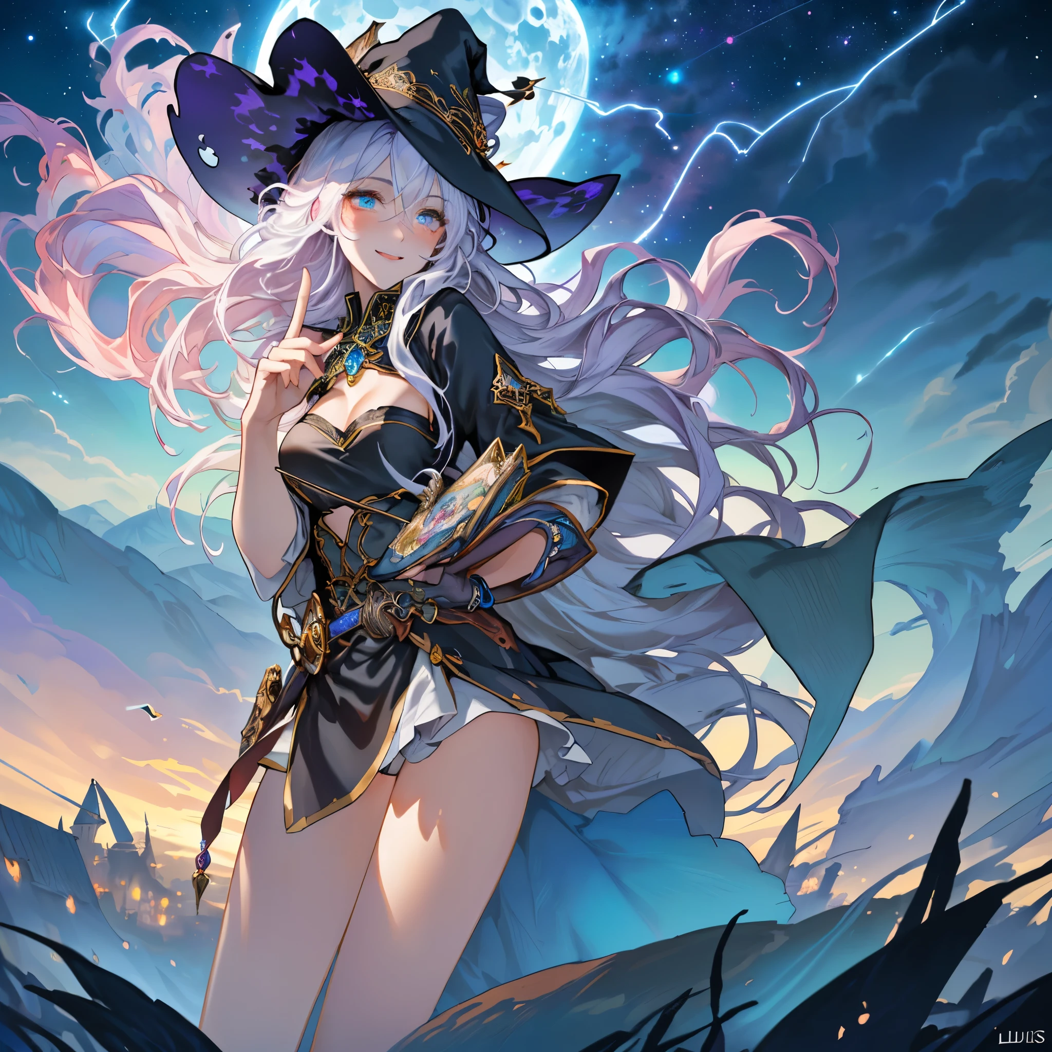 ((Best Quality)), ((masterpiece)), (  Details), Witch in witch hat, celestial beauty, ( mystical background, lightning, Faint darkness), ( fantasy illustration:1.3),  captivating gaze ,  Seductive Poses, (Luis Royo:1.2), ( Yoshitaka Amano :1.1), Moonlit Night, soft colors, (  Details cloudscape:1.3), ( high definition:1.2) turn your gaze , smile, happiness/joy, Overlooking,  wide angle shot, Aperture F1.2, Ultra Wide Angle, (( Anatomically Correct )), ((Finger is five))