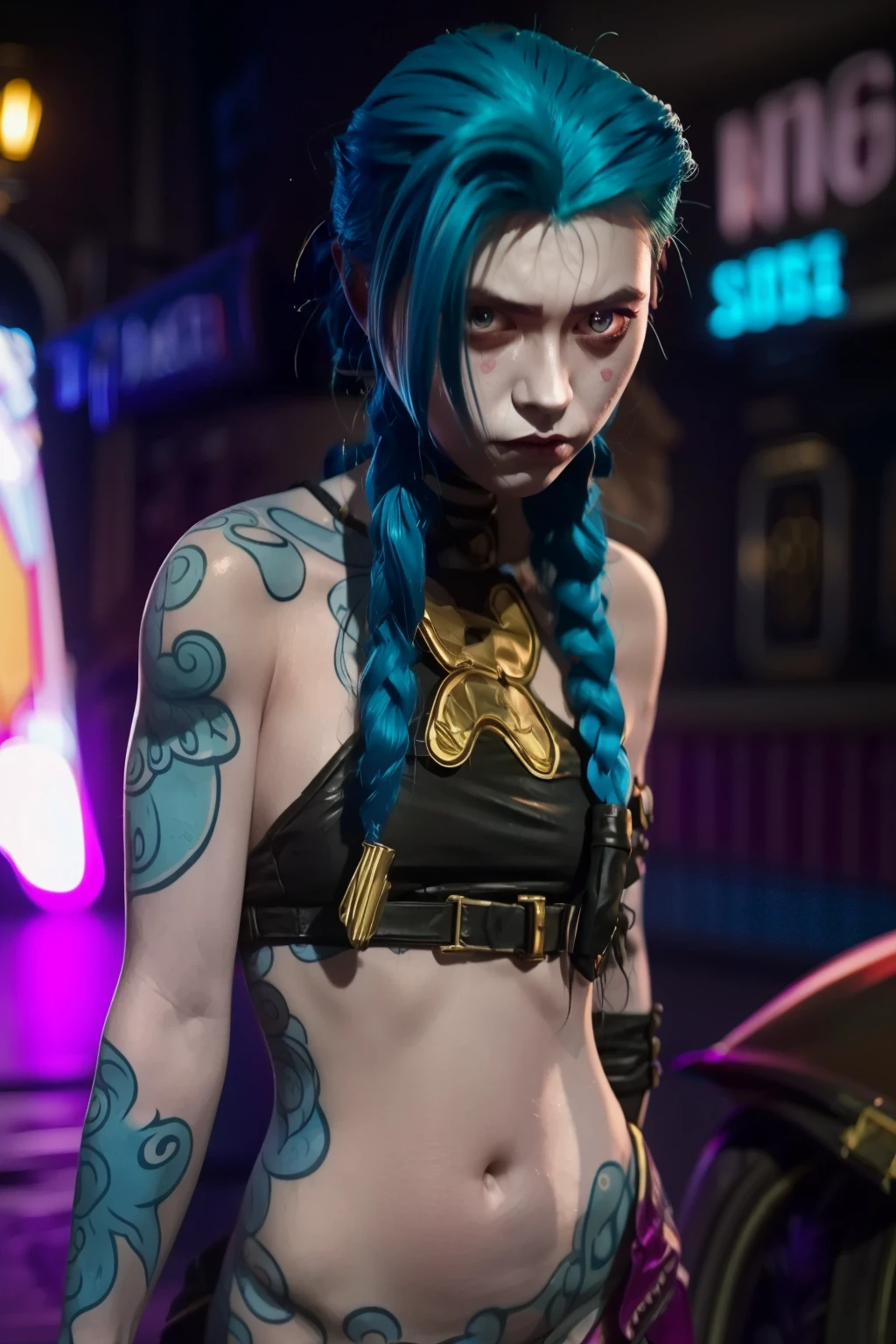 (masterpiece, best quality:1.2), 1girl, solo, Jinx, wearing a Jinx Arcane Costume, tattoo, belly tattoo blue hair with two long twin braids detailed. Neon graffiti Background.