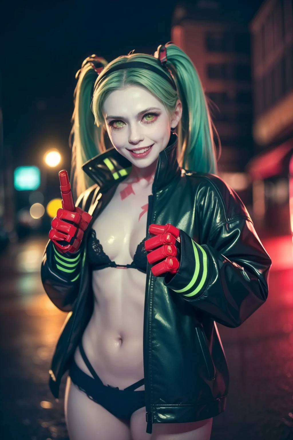 Rebecca, 1girl, young girl, 1 , futuristic cyberpunk, lewd grin, (twin tail, hairband, colored sclera, red sclera, green hair, green pupils, fang, red eyes, wearing a little sexy clothes, black croped jacket ), ((skinny body)) , ((Showing hand:1.4)), ((psycho face, creppy smiling. Angry face )), cinematic, ultra highly detailed, beautiful details, vivid, saturated colors, filigree detailed, tiny details, pop surrealism, cowboy shot. hyper-realistic style, highly detailed textures, reflective and glossy surfaces, cinematic lighting, neon lights reflecting off her skin, urban cyberpunk cityscape in the background, (vivid colors), (high contrast), (sharp focus), (bokeh effect in the background), (moody atmosphere), (digital painting style), (masterpiece: 2), best quality, ultra highres, original, extremely detailed, perfect lighting. ((Abandoned urban wall background ))
