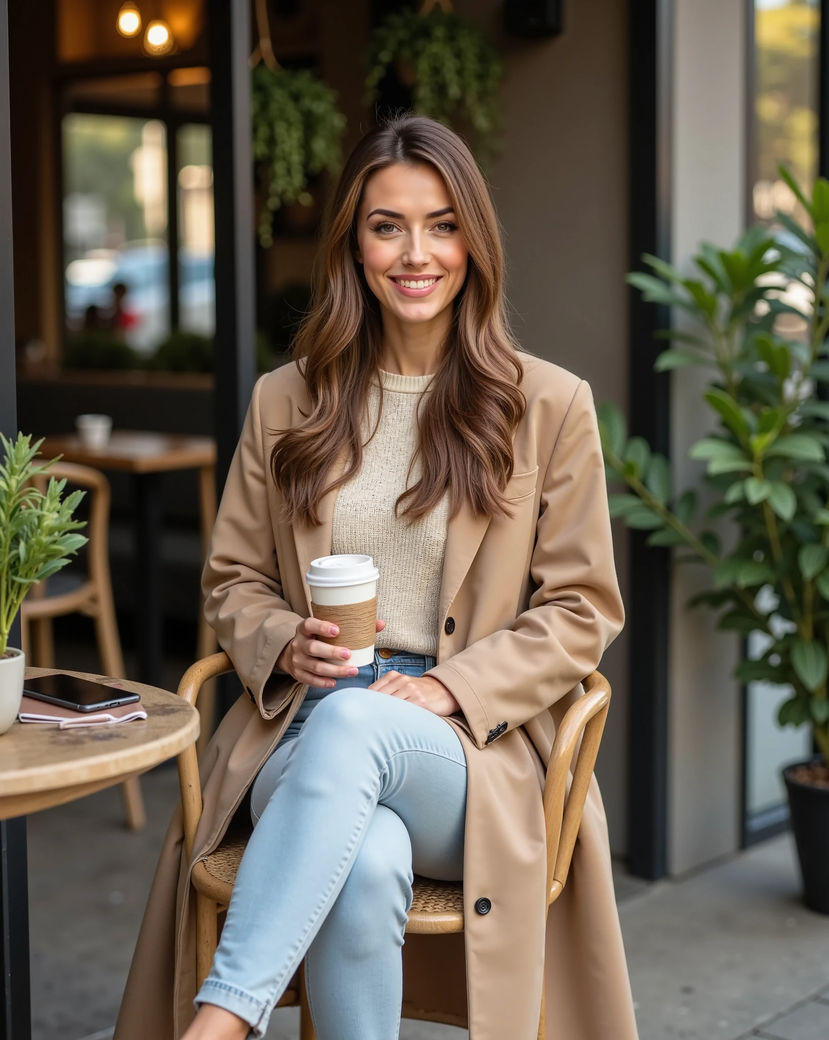Gaia influencer in her 20s or 30s is sitting outdoors at a stylish city café with lush plants and soft lighting. She’s wearing a long beige coat, an oversized cream-colored sweater, light skinny jeans, and fashionable ankle boots. Her hair is long, wavy, and shiny, and her makeup is natural, with a hint of highlighter and rosy lips that accentuate her fresh, polished look. She’s smiling, holding a coffee cup in one hand, while on the table are her smartphone, a small notebook, and a decorative potted plant. Behind her are large glass windows and hanging plants, creating a warm, cozy atmosphere. The late afternoon sunlight bathes the scene in a soft, golden glow, casting gentle shadows on her skin and giving a sense of calm and relaxation. ((anti:1.5))