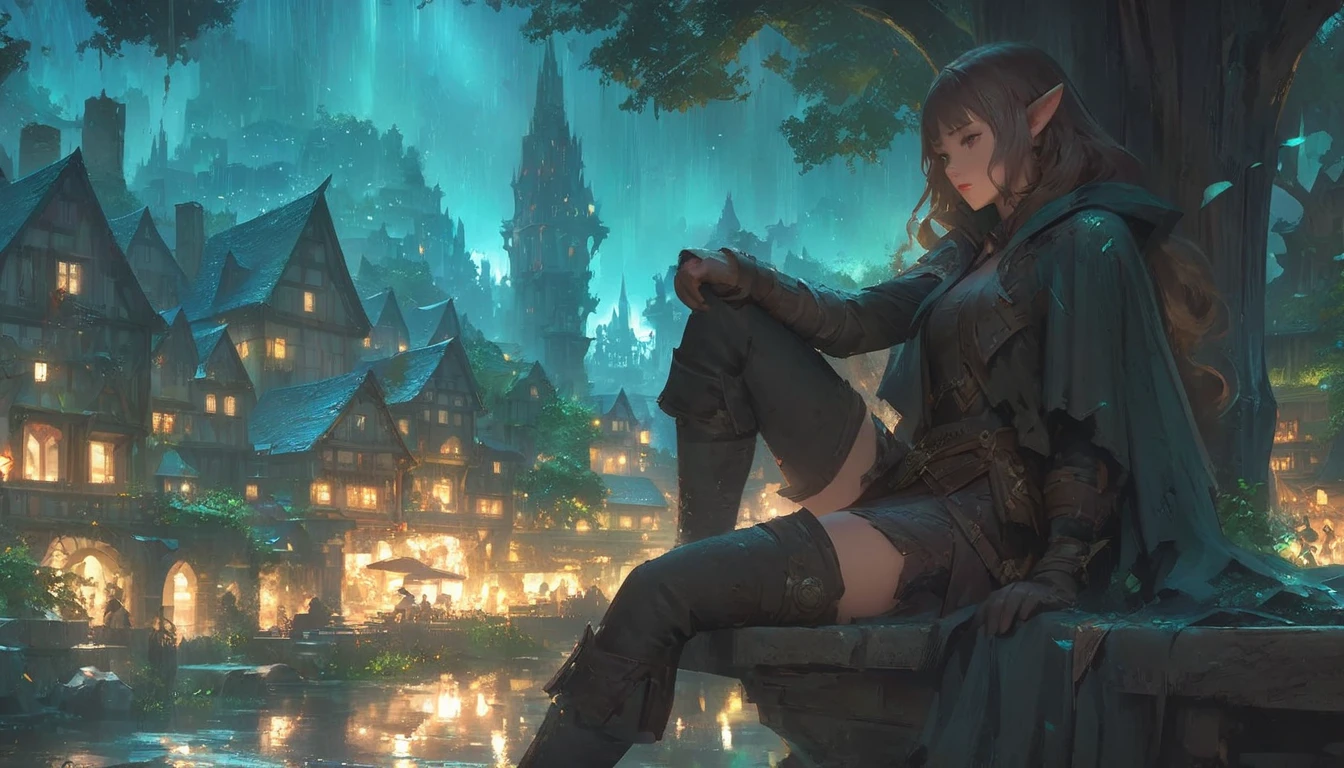 anime, a woman sitting on a bench in a city at night, artwork in the style of guweiz, fantasy art style, anime art wallpaper 4k, anime art wallpaper 4k, trending on artstation pixiv, anime fantasy artwork, anime art wallpaper 4k, guweiz on artstation pixiv, 4k anime wallpaper