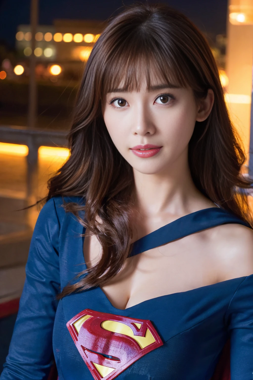 masterpiece、 1 beautiful girl shooting from bottom to top、Detailed eyes、Swollen eyes、Best Quality, 超 high definition, (reality: 1.4),  movie writing 、Japanese、 Asian Beauty、Korean、 so beautiful、Beautiful Skin、 body facing forward、supergirl,、( high definition)、(8k)、( very detailed)、(美しくDetailed eyes)、(Super detailed)、 (wall-)、  Detailed Face 、Bright lighting、 Professional Lighting 、 staring at the viewer 、Look straight ahead、Diagonal bangs、Night view、Brown Hair、supergirl,  Age 25、 Supergirl Cosplay 