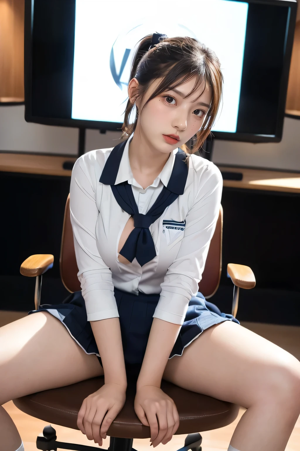 Masterpiece, 8K, High school girl, Photorealistic, (Plump breast:1.2), (sitting in (TV Studio) chair  with her legs spread wide:1.3), (( shot from the bottom of the front:1.2)), (From below:1.3), (Pony tail hair:1.2), (School uniform:1.3), staring at viewers, Red face, 