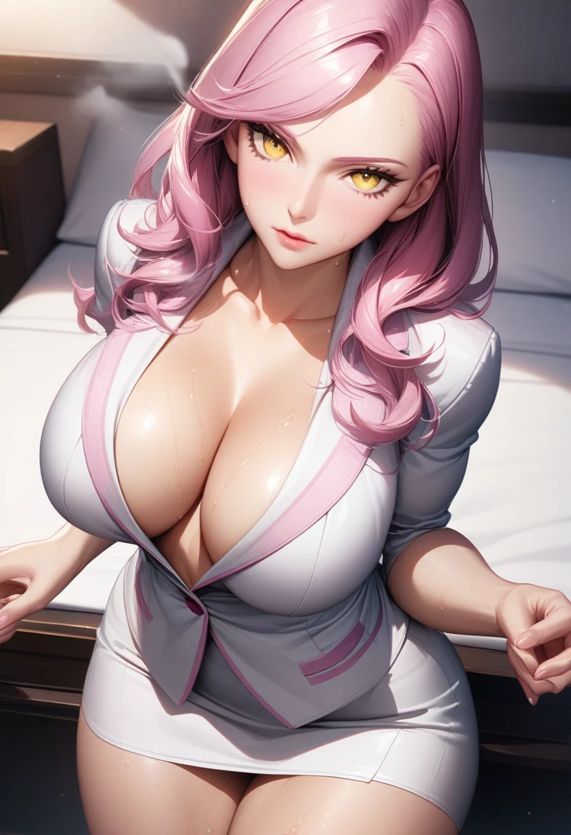 masterpiece,best quality,high resolution,8k,ultra HD,wallpaper,illustration,perfect face,cowboy shot,beautiful detailed eyes,extremely detailed face,perfect lighting,extremely detailed CG,perfect anatomy,perfect body,perfect hands,perfect fingers,1woman,full body,,muscle fighter body,pink long hair,yellow eyes,large breasts,Medium ass,,white business suit,white pencl skirt,clothed,,,collarbone,,looking at viewer,(),Steam,sweat, on the bed,(Fate Grand Order character Koyanskaya),adult,