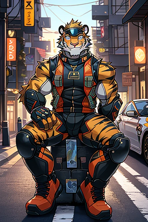  1 furry soldier ,Tiger male , wearing camouflage motorcycle racing costume, wearing a tactical vest  , with tactical knee pads , camouflage leather , young male soldier , muscular body , Leg Up ,Sitting on the street , Street Backgrounds , Tactical gloves, tactical boots ,tactical bandana,Smile, racing suit,Panoramic photo , smile, visor, night