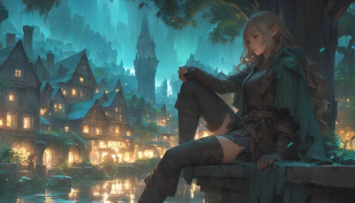 anime, a woman sitting on a bench in a city at night, artwork in the style of guweiz, fantasy art style, anime art wallpaper 4k, anime art wallpaper 4k, trending on artstation pixiv, anime fantasy artwork, anime art wallpaper 4k, guweiz on artstation pixiv, 4k anime wallpaper, white hair, holding sword