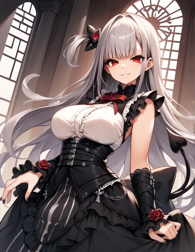  one girl playing pranks,  high definition,Silver Hair,  side tail,  big breasts at the temple, Frills,  Gothic Style Clothes,  Best Quality, Long Hair,  seductive smile , 8K Octane,  anime style, Red eyes, 